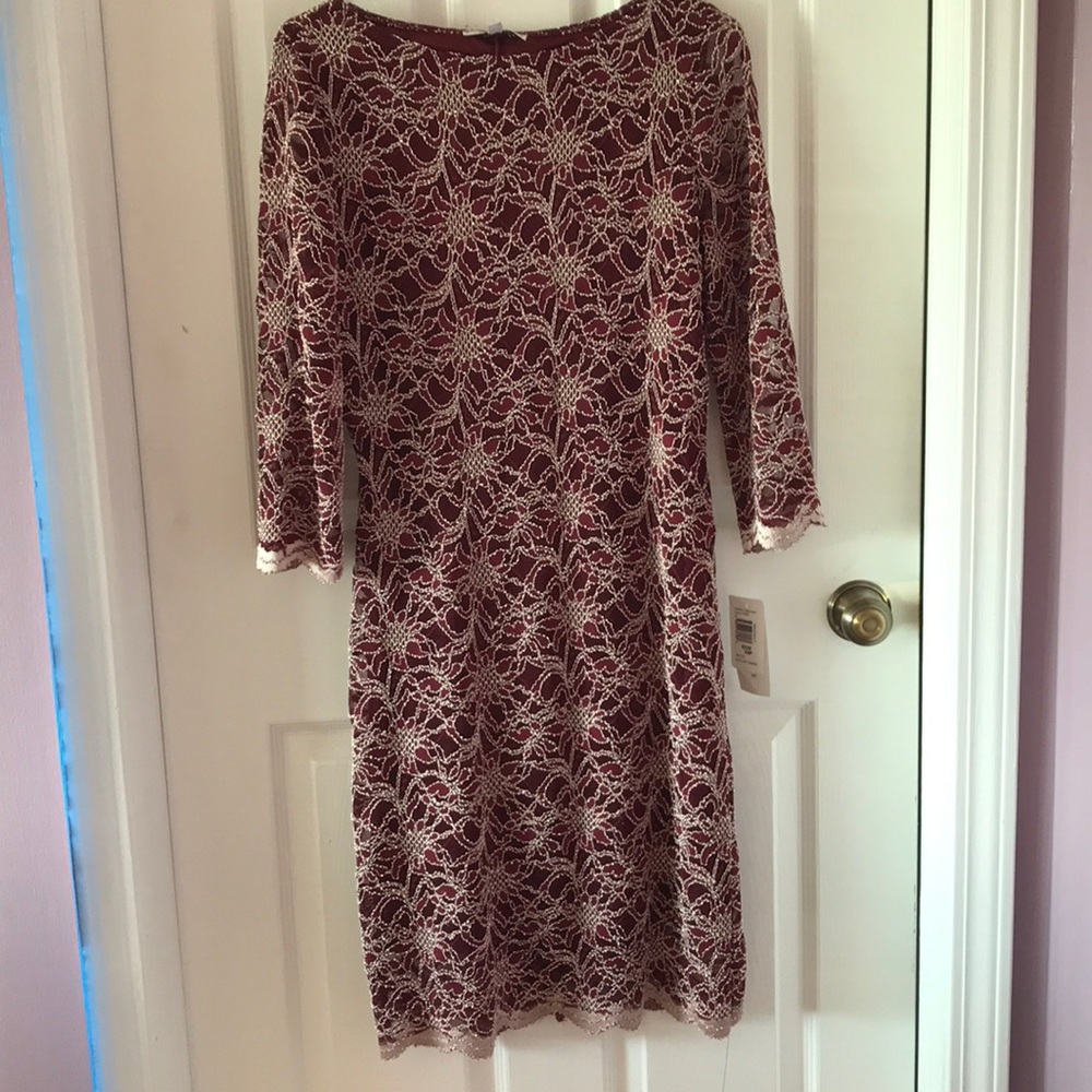 Maroon and tan lace dress